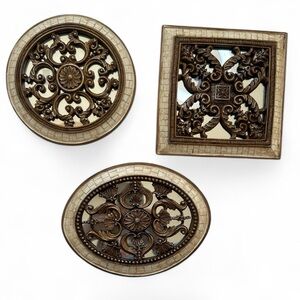 Vintage Lattice Scroll Brown and Gold Wall Art 3 Mirror Set Decor for Any Room